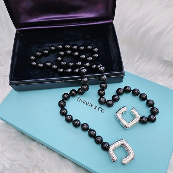 Vintage 1986 Tiffany & Co Paloma Picasso Silver Square Toggle Onyx Bead Necklace - Picture 13 of 15